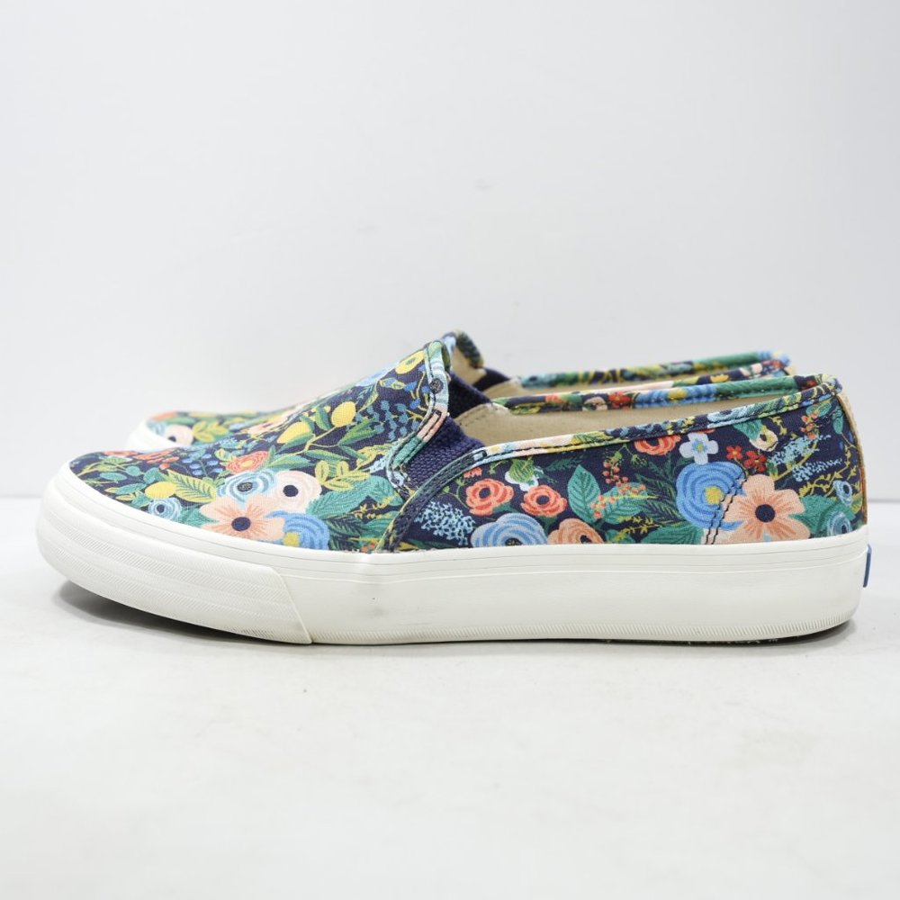 Keds & Rifle Paper Co Double Decker Lea Blue Floral Canvas Slip On Sneakers 9.5W